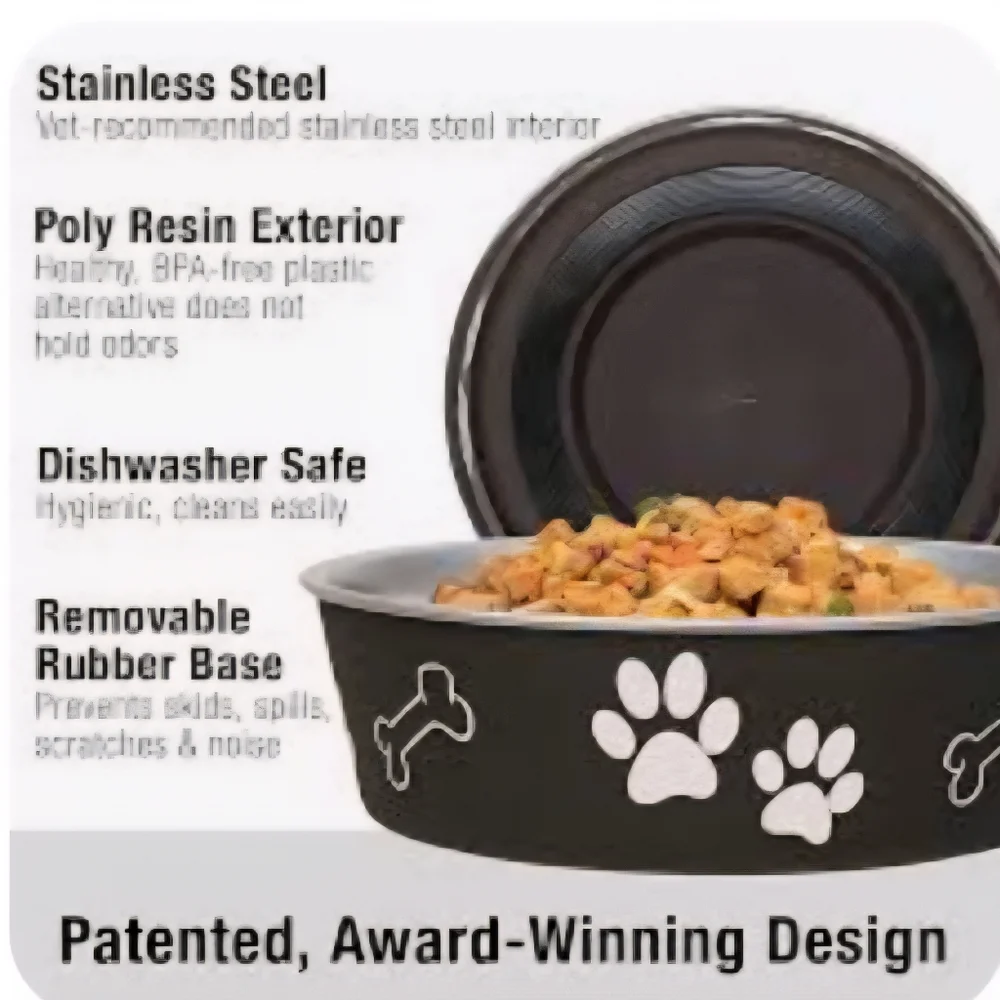 Pet Dog Cat Anti Skid STAINLESS STEEL Paw Prints Bones M 27 Oz Bella Bowl Rubber